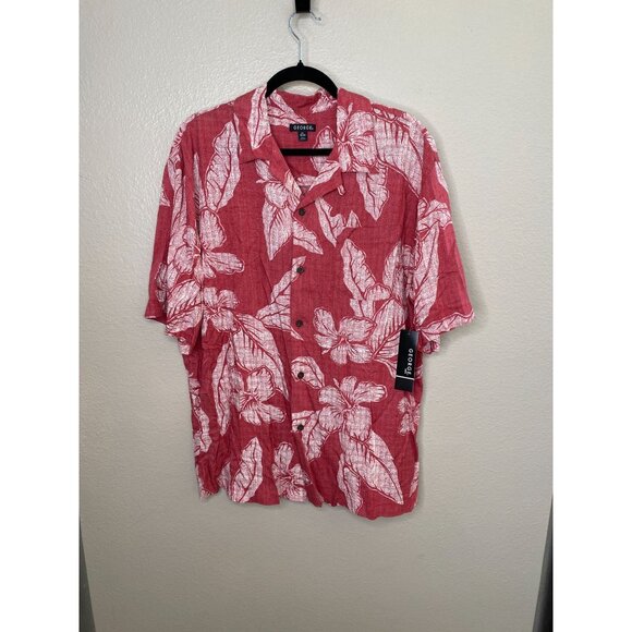 George Mens Red Floral Hawaiian Button-Up Shirt L/42-44 Lightweight Rayon Summer - Picture 1 of 7